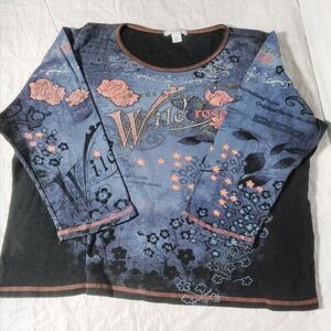 Dressbarn Blue and Black Long Sleeve Top